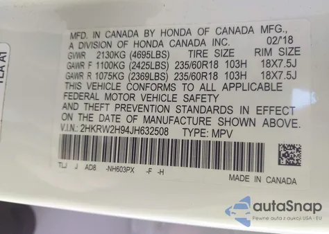 2018 Honda Cr-V Touring из США, поврежденный, VIN 2HKRW2H94JH632508